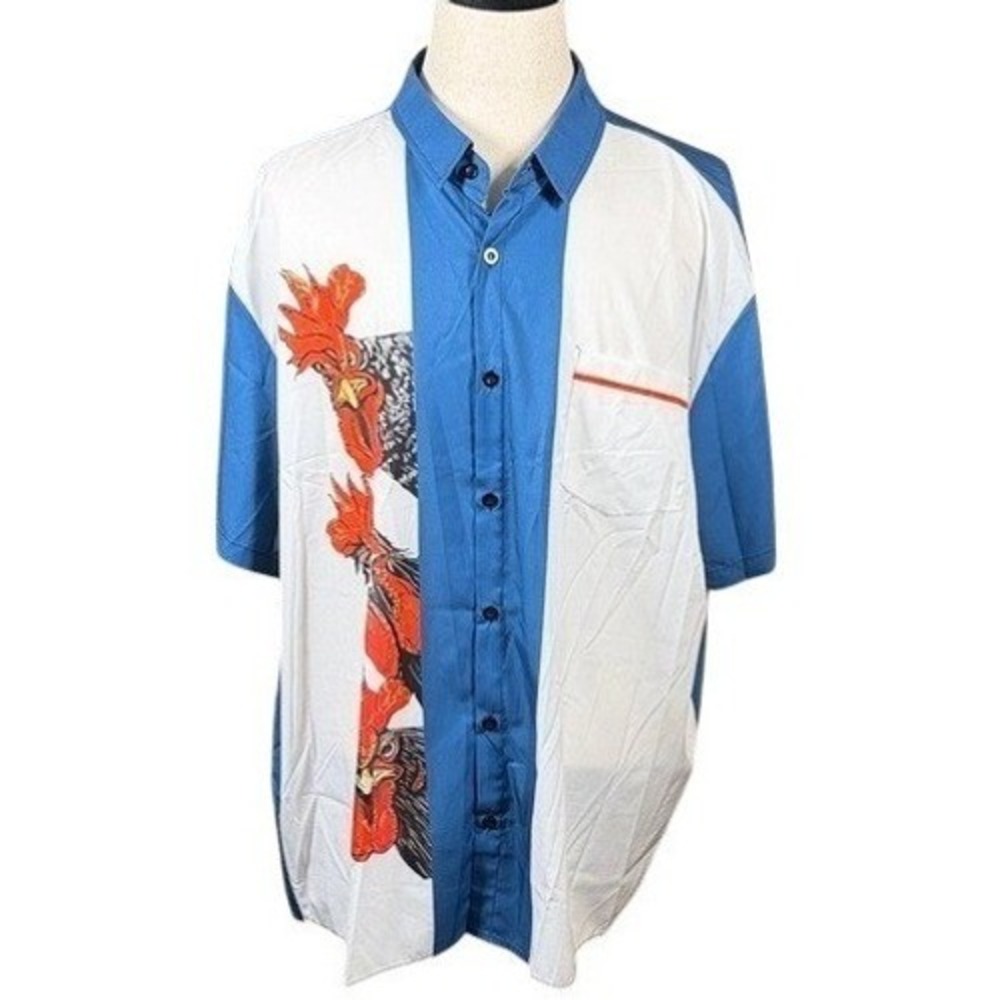 Hardaddy Mens‎ 3XL Blue White Rooster Graphic Colorblock Short Sleeve Shirt